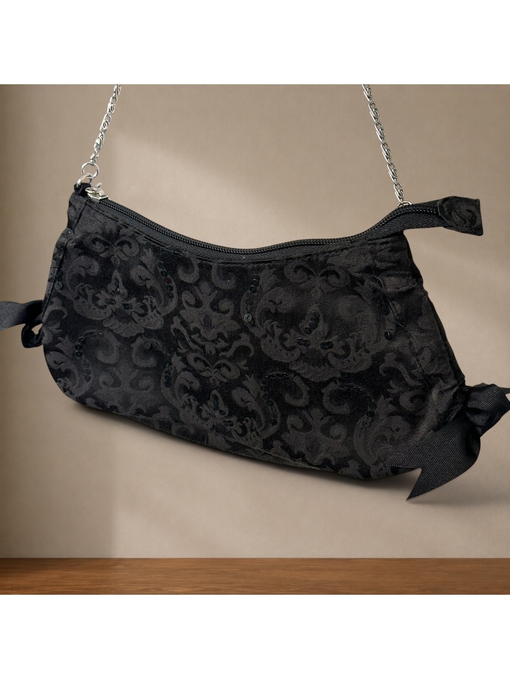 Y2K Black Jacquard Mini Shoulder Bag Sequin Ribbon Baguette Purse